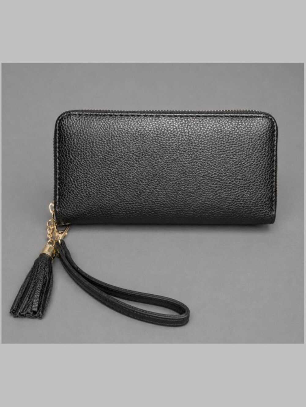 NWOT Black Faux Leather Wristlet Wallet Tassel Zip Around Clutch Removable Strap
